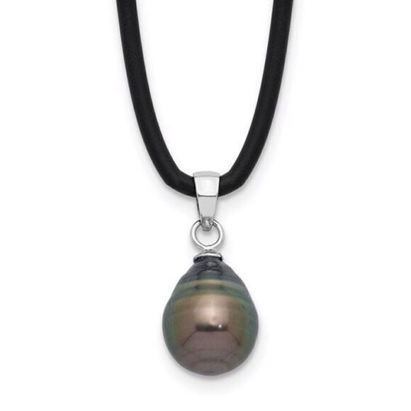 Elegant Sterling Silver Tahitian Pearl Necklace with Black Silicone - Picture 1 of 4